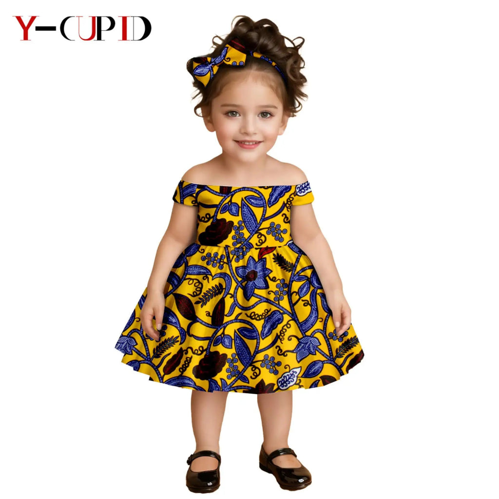 African Clothes for Kids Girls – Ankara Print Slash Neck Party Dress with Bow Headband - Free Delivery Worldwide only at Flexi Africa