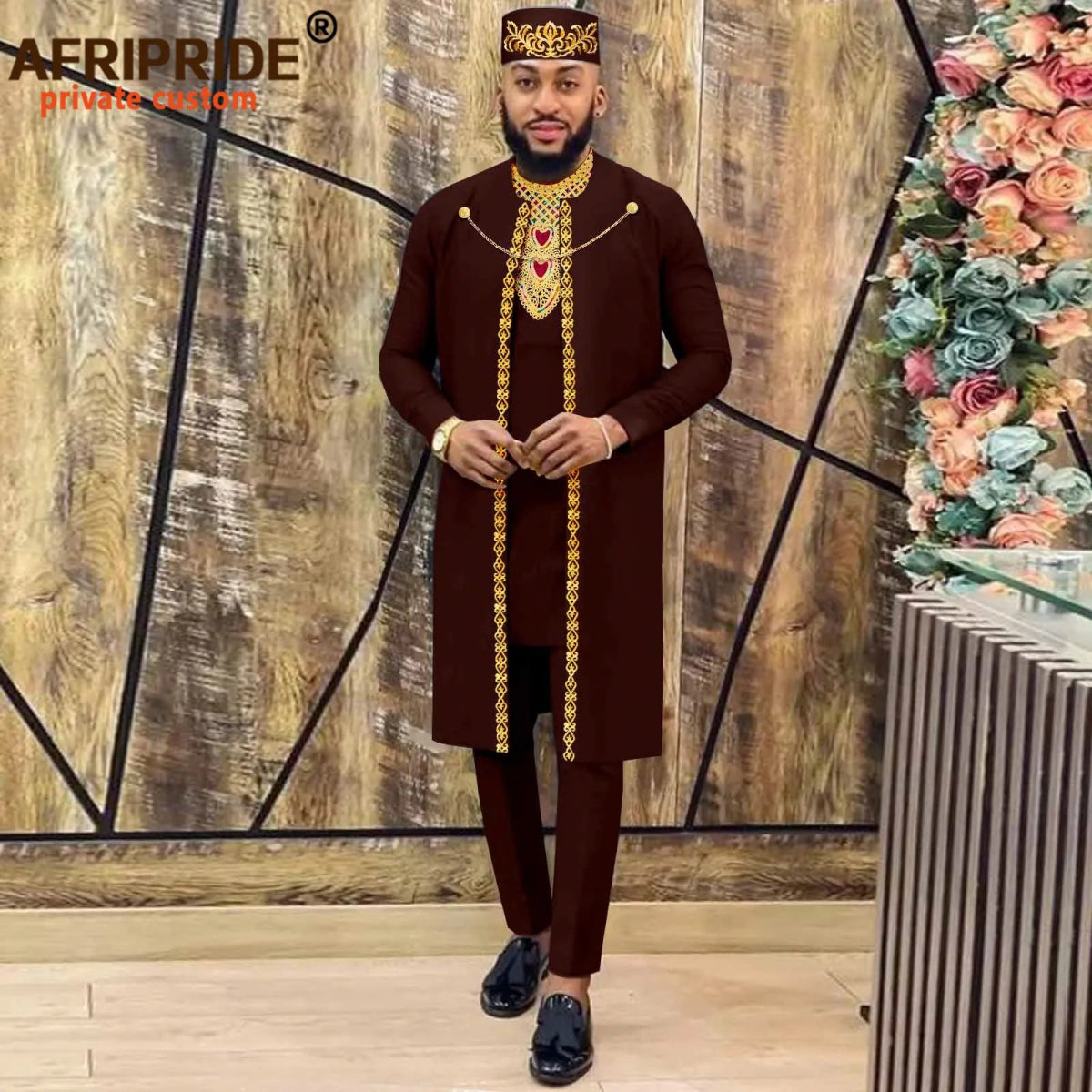 African Clothes for Men – Agbada Robe Embroidery Shirt, Pants, Hat 4PC Set with Chain - Free Delivery only at Flexi Africa