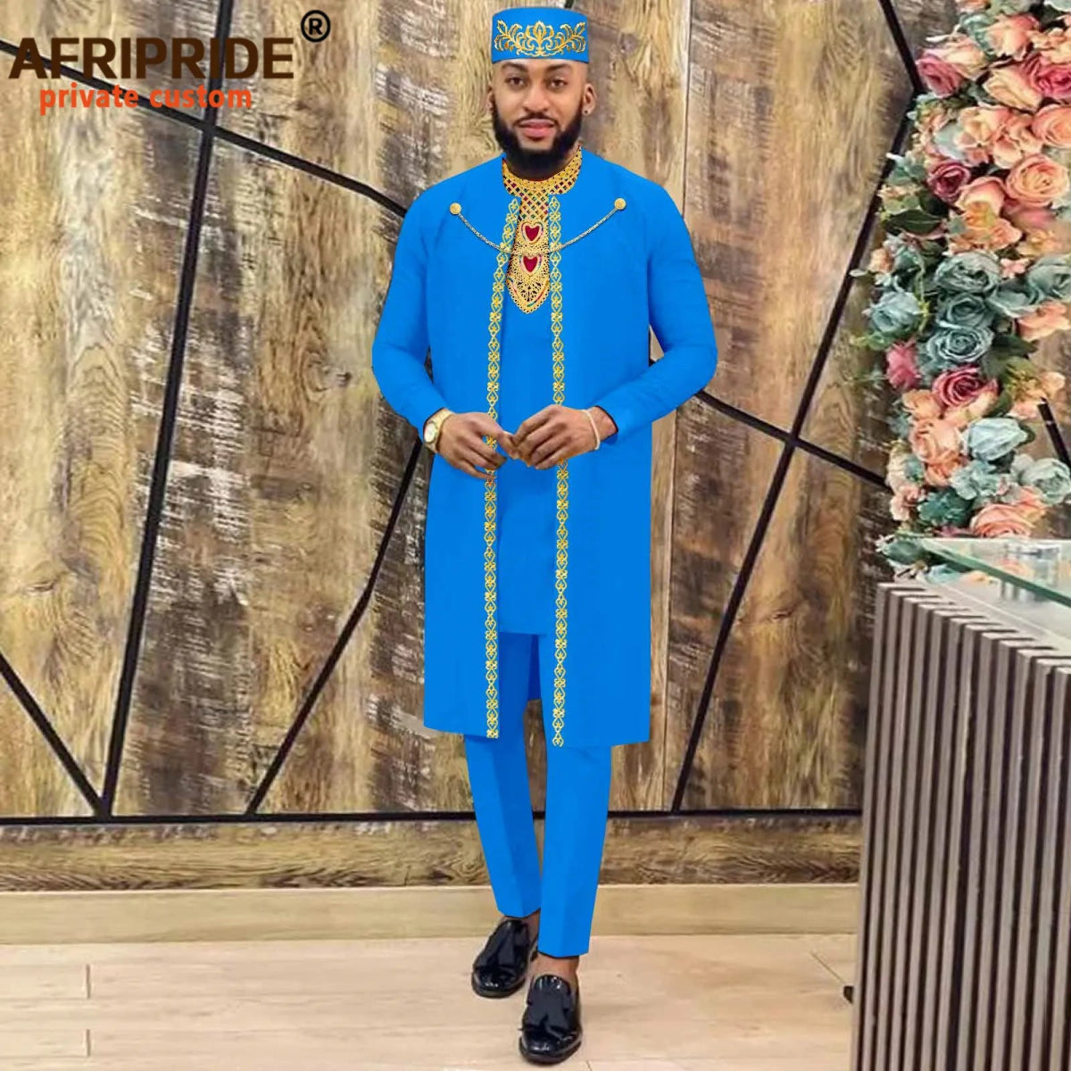 African Clothes for Men – Agbada Robe Embroidery Shirt, Pants, Hat 4PC Set with Chain - Free Delivery only at Flexi Africa