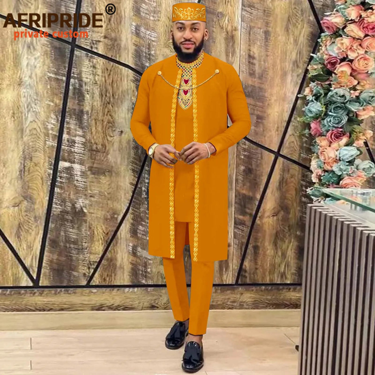 African Clothes for Men – Agbada Robe Embroidery Shirt, Pants, Hat 4PC Set with Chain - Free Delivery only at Flexi Africa