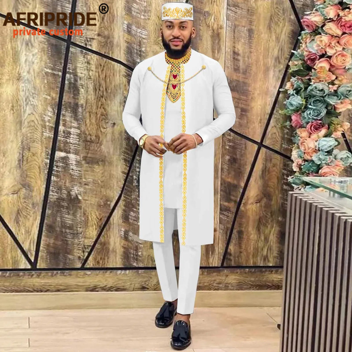 African Clothes for Men – Agbada Robe Embroidery Shirt, Pants, Hat 4PC Set with Chain - Free Delivery only at Flexi Africa