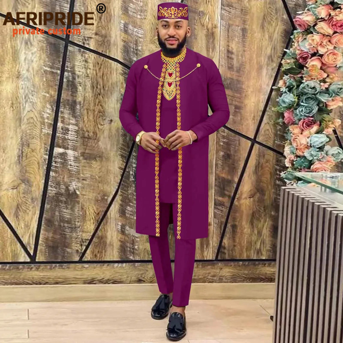 African Clothes for Men – Agbada Robe Embroidery Shirt, Pants, Hat 4PC Set with Chain - Free Delivery only at Flexi Africa