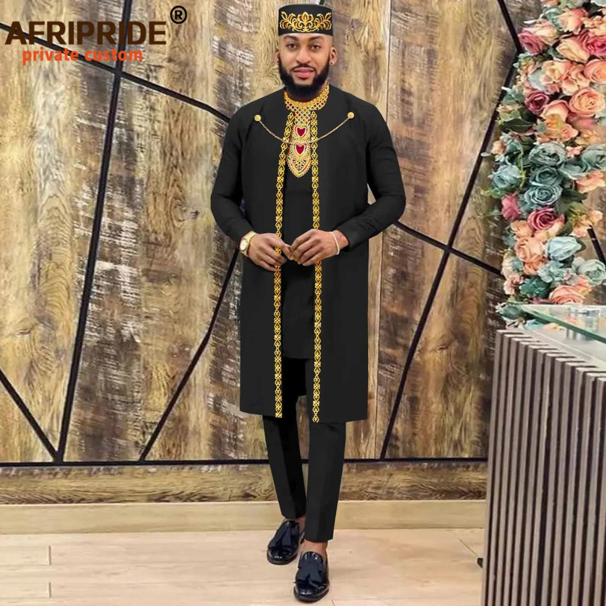 African Clothes for Men – Agbada Robe Embroidery Shirt, Pants, Hat 4PC Set with Chain - Free Delivery only at Flexi Africa