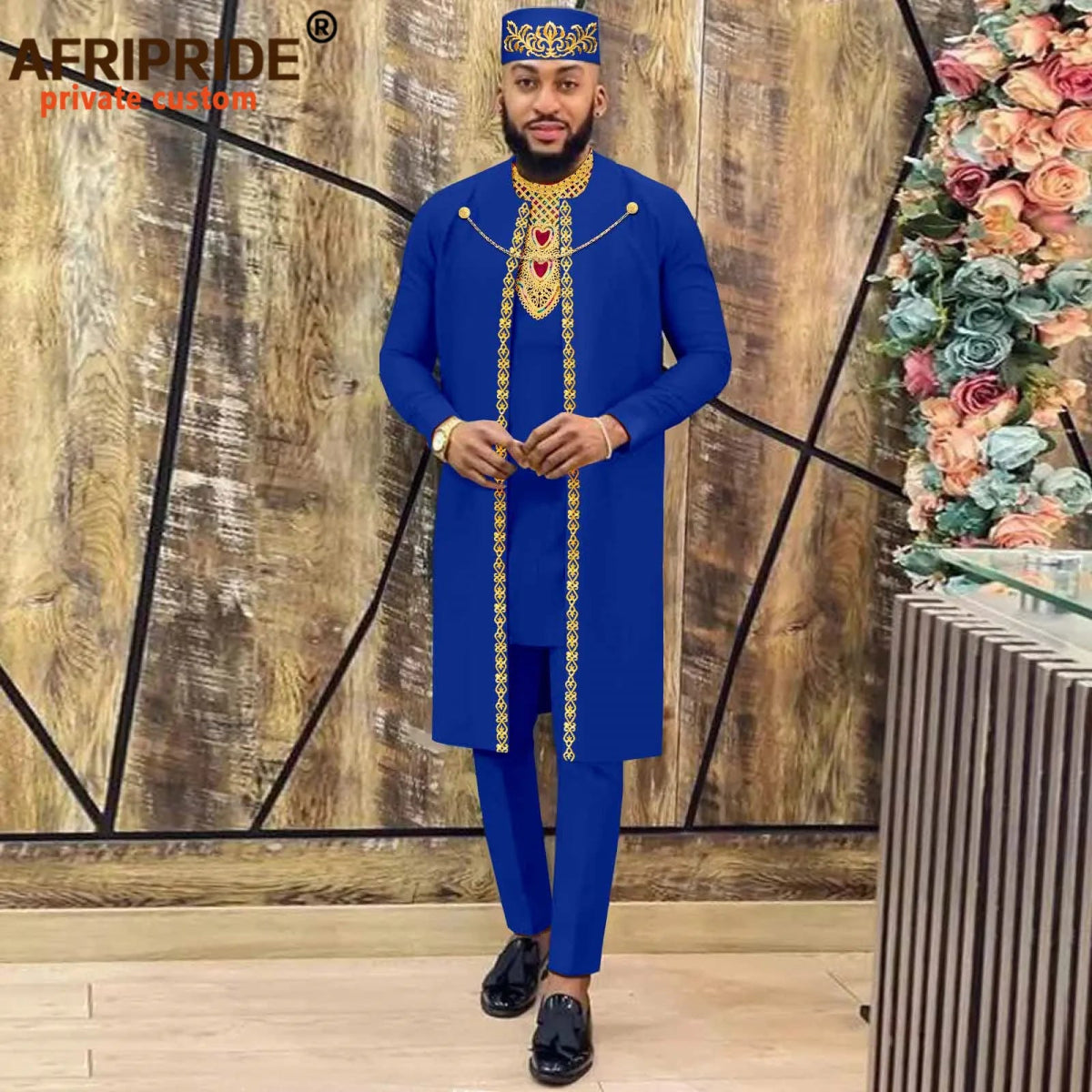African Clothes for Men – Agbada Robe Embroidery Shirt, Pants, Hat 4PC Set with Chain - Free Delivery only at Flexi Africa
