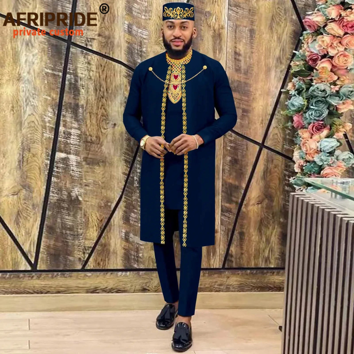 African Clothes for Men – Agbada Robe Embroidery Shirt, Pants, Hat 4PC Set with Chain - Free Delivery only at Flexi Africa