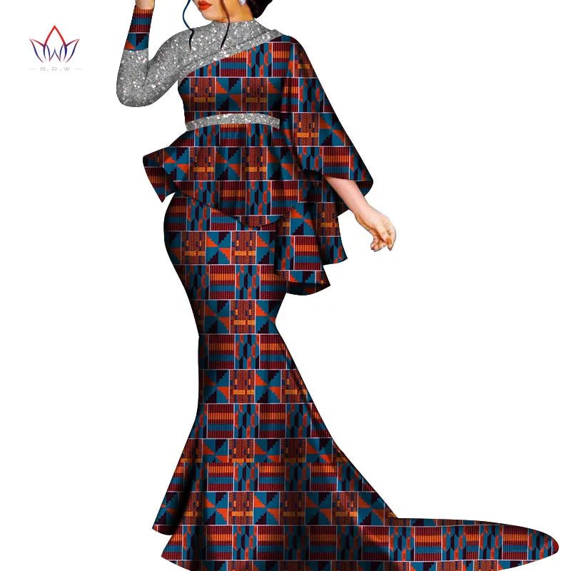 Buy African Bazin Riche Floral Printed 2PC Set – Irregular Bat Sleeve Top & Long Skirt Elegant Party Outfit for Women