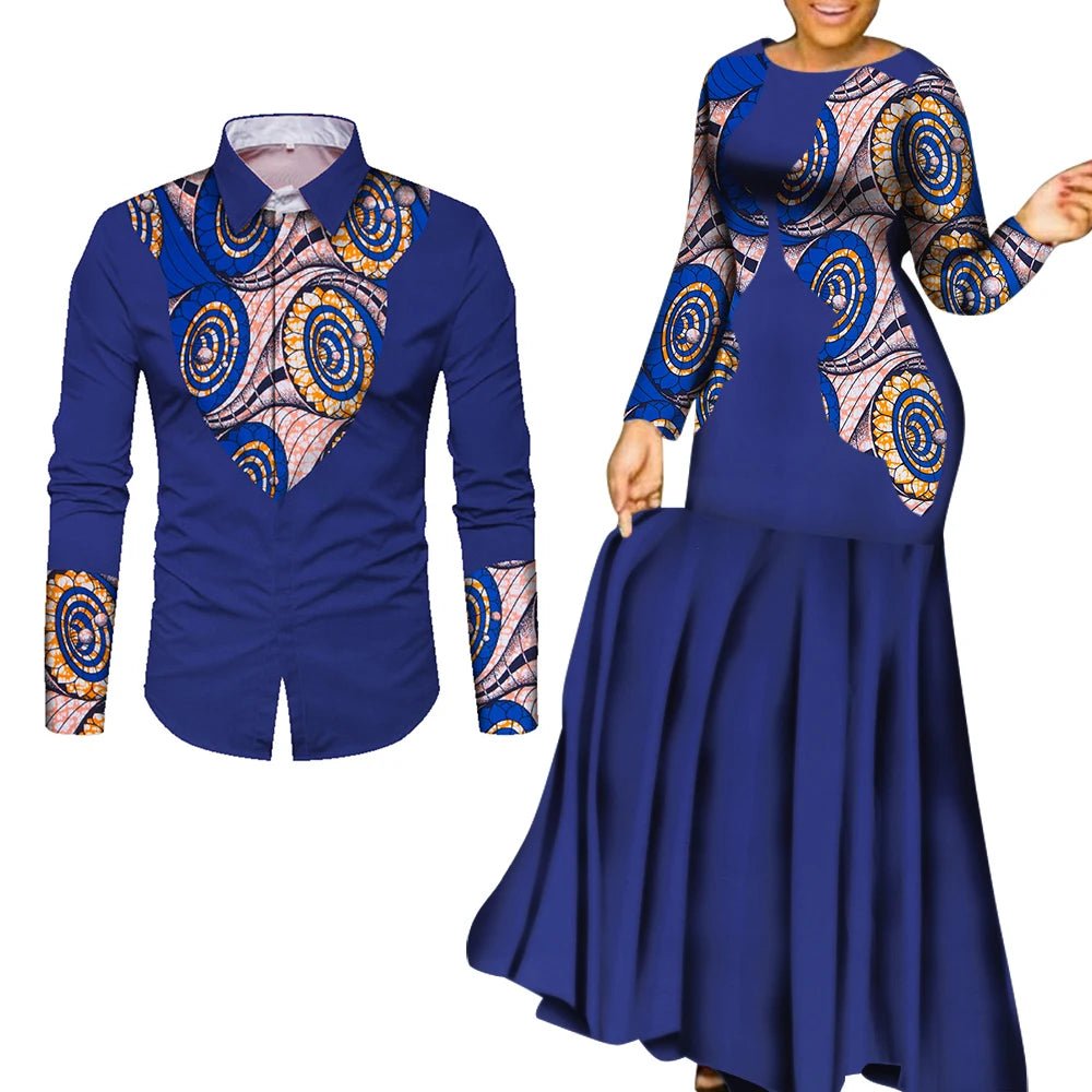 African Couple Matching Outfits – Elegant Lovers’ Traditional Clothing Set, Men’s Shirt & Women’s Long Maxi Dress - Free Delivery Worldwide only at Flexi Africa
