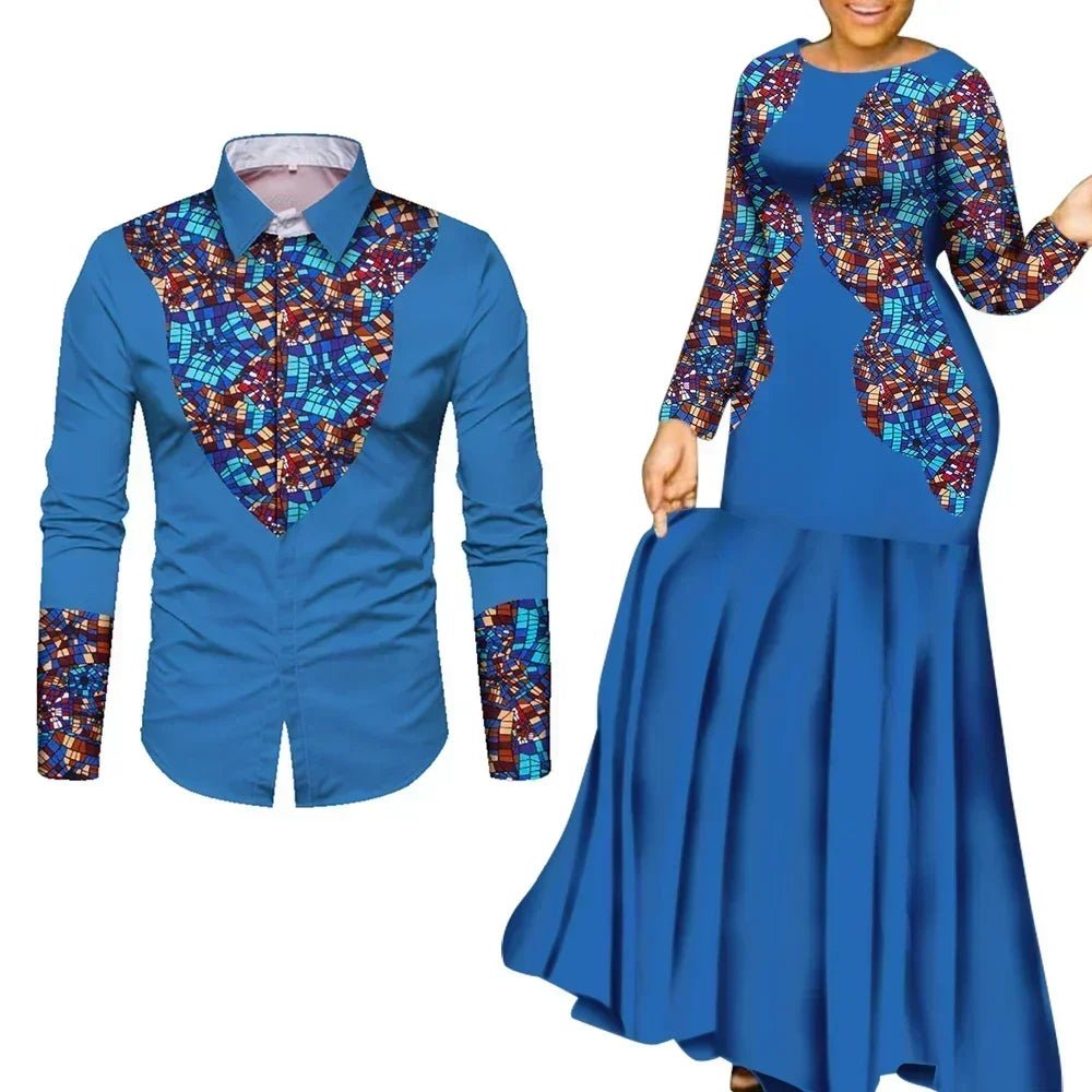 African Couple Matching Outfits – Elegant Lovers’ Traditional Clothing Set, Men’s Shirt & Women’s Long Maxi Dress - Free Delivery Worldwide only at Flexi Africa