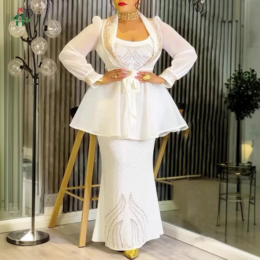 African Dashiki 2PC Set for Women – Diamond Embellished Evening Gown with Matching Coat - Free Delivery Worldwide only at Flexi Africa