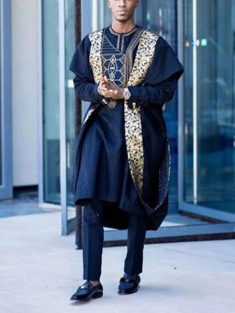 African Dashiki Agbada Set for Men – 3 Piece Traditional Ankara Outfit Shirt, Pants & Robe - Free Delivery Worldwide only at Flexi Africa