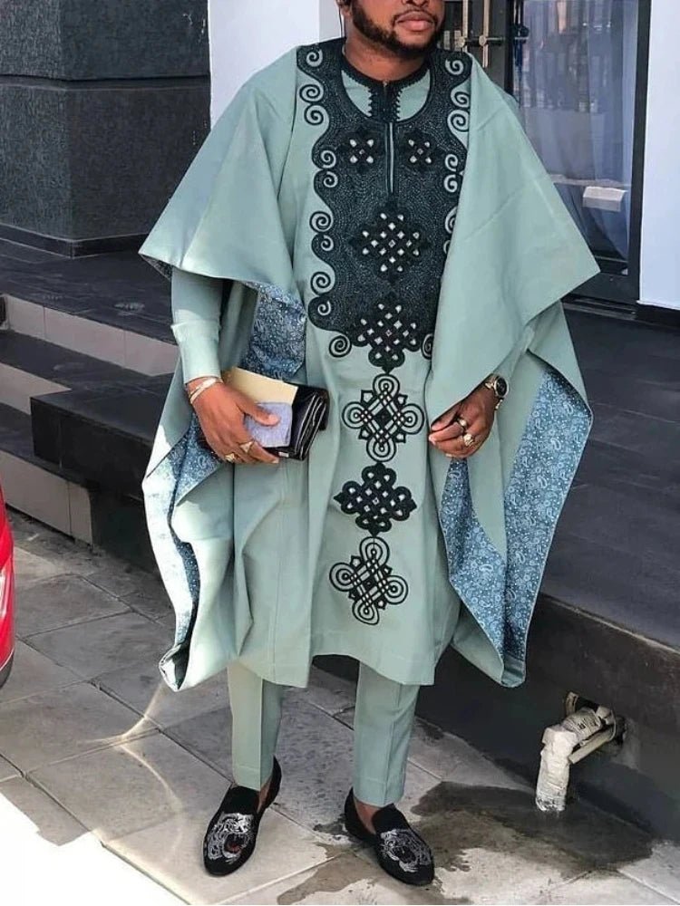 African Dashiki Agbada Set for Men – 3 Piece Traditional Ankara Outfit Shirt, Pants & Robe - Free Delivery Worldwide only at Flexi Africa