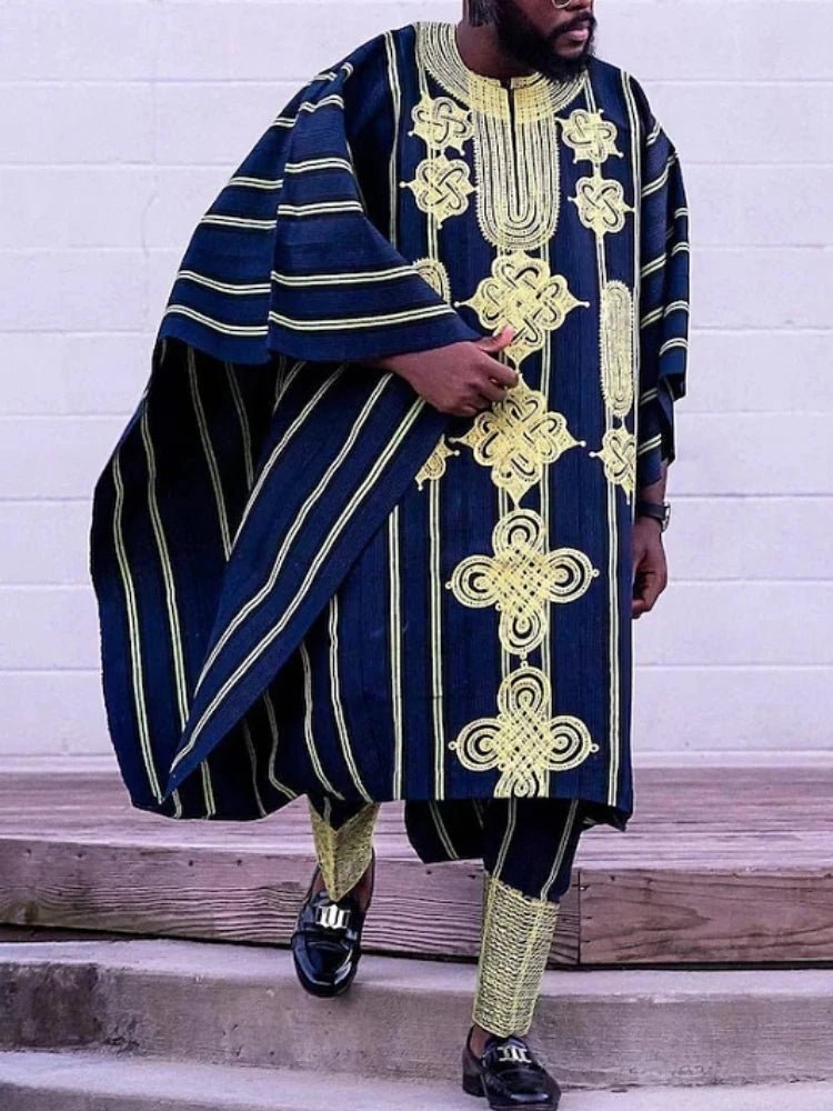 African Dashiki Agbada Set for Men – 3 Piece Traditional Ankara Outfit Shirt, Pants & Robe - Free Delivery Worldwide only at Flexi Africa