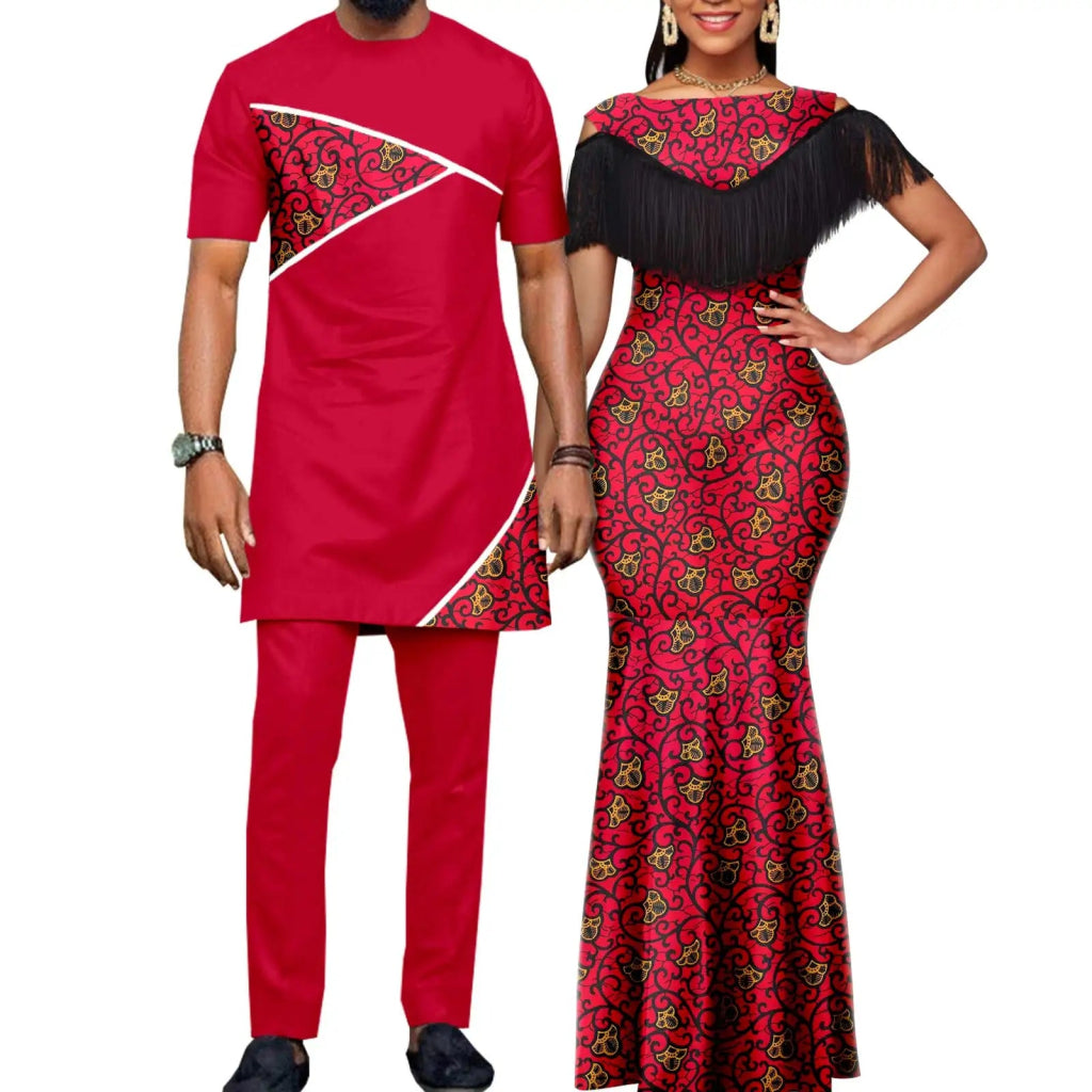 African Dashiki Bazin Riche Long Dress for Women – Slim Tassel Print Matching Couple Party Outfit - Free Delivery Worldwide only at Flexi Africa