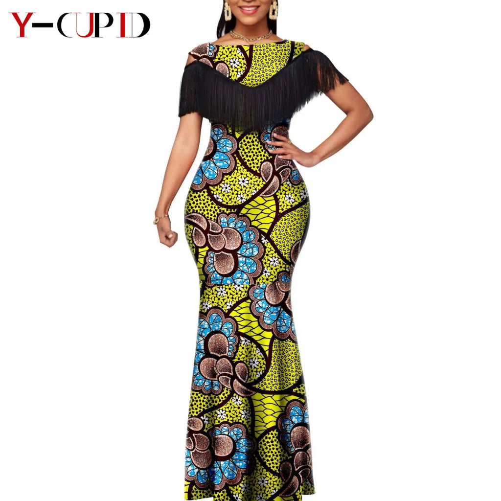 African Dashiki Bazin Riche Long Dress for Women – Slim Tassel Print Matching Couple Party Outfit - Free Delivery Worldwide only at Flexi Africa