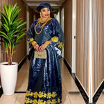 African Dashiki Maxi Dress for Women – Bazin Riche Fabric with Elegant Embroidery & Matching Scarf - Free Delivery Worldwide only at Flexi Africa