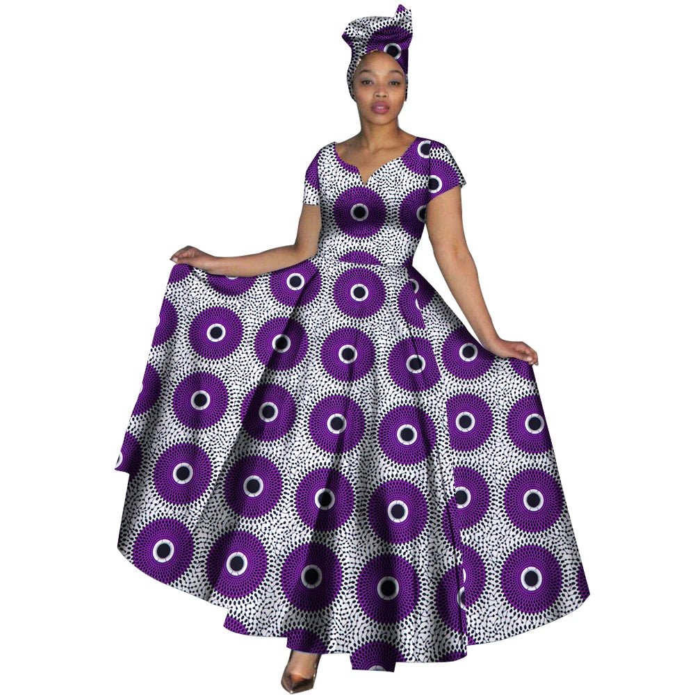 African Dashiki Women’s Maxi Dress – Ankara Print V - Neck Long Dress with Head Scarf - Free Delivery Worldwide only at Flexi Africa