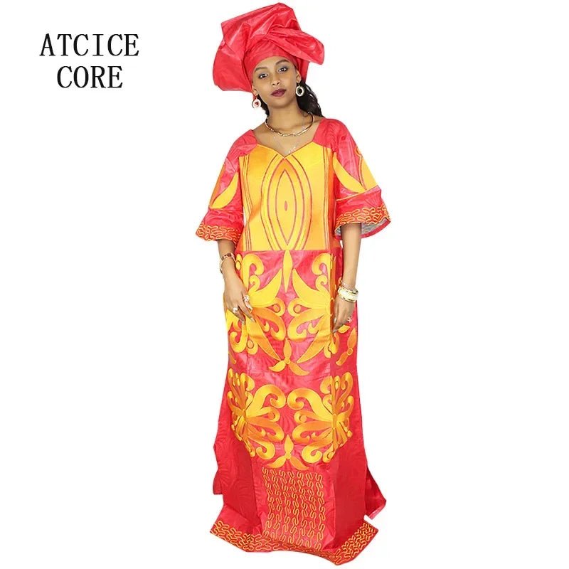 African Dress For Woman Bazin Riche Embroidery Design Floor Length Dress With Scarf - Free Delivery Worldwide only at Flexi Africa