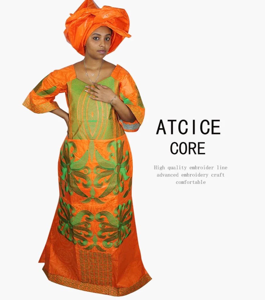 African Dress For Woman Bazin Riche Embroidery Design Floor Length Dress With Scarf - Free Delivery Worldwide only at Flexi Africa