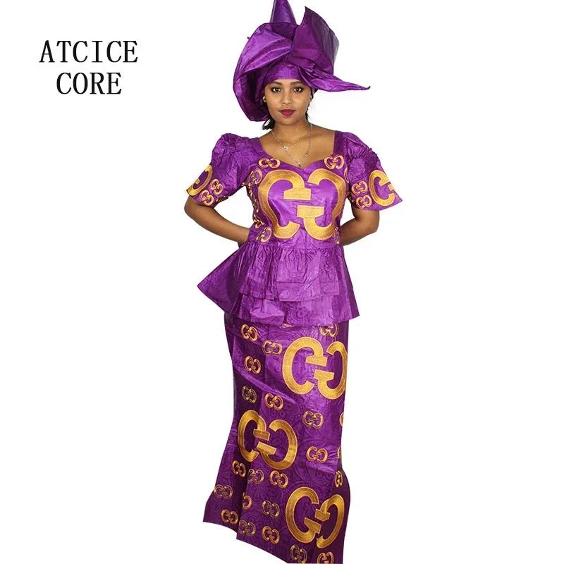 African Dress For Women Bazin Riche Embroidery Design Top Wrapper With Scarf - Free Delivery Worldwide only at Flexi Africa