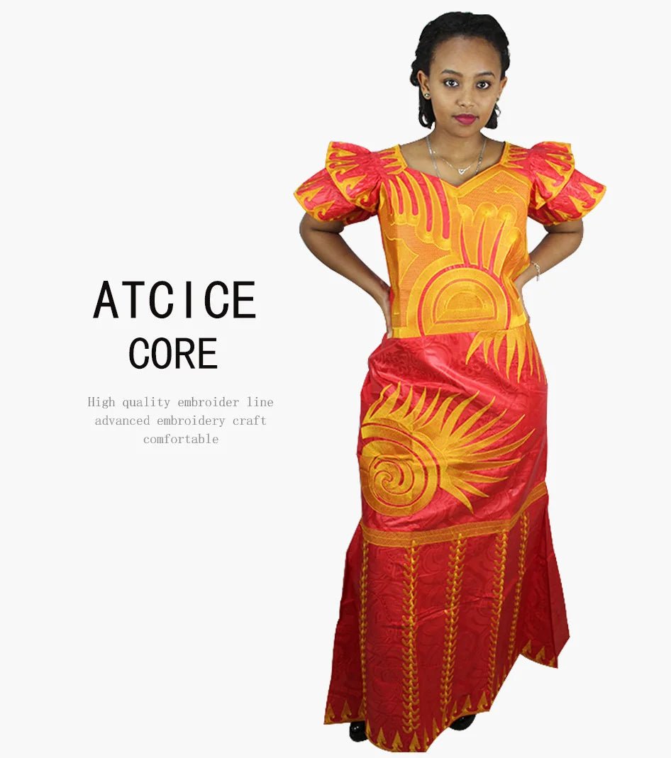 African Dresses for Women – Fashionable Long Dress with Embroidery Design & Matching Scarf - Free Delivery Worldwide only at Flexi Africa