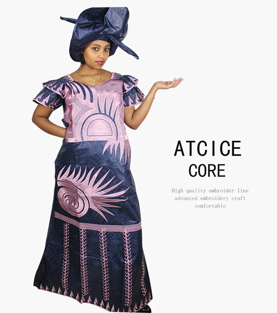 African Dresses for Women – Fashionable Long Dress with Embroidery Design & Matching Scarf - Free Delivery Worldwide only at Flexi Africa