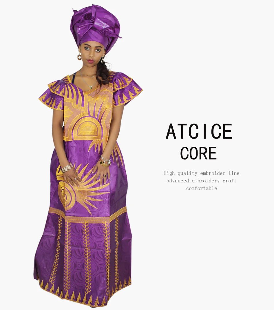 African Dresses for Women – Fashionable Long Dress with Embroidery Design & Matching Scarf - Free Delivery Worldwide only at Flexi Africa