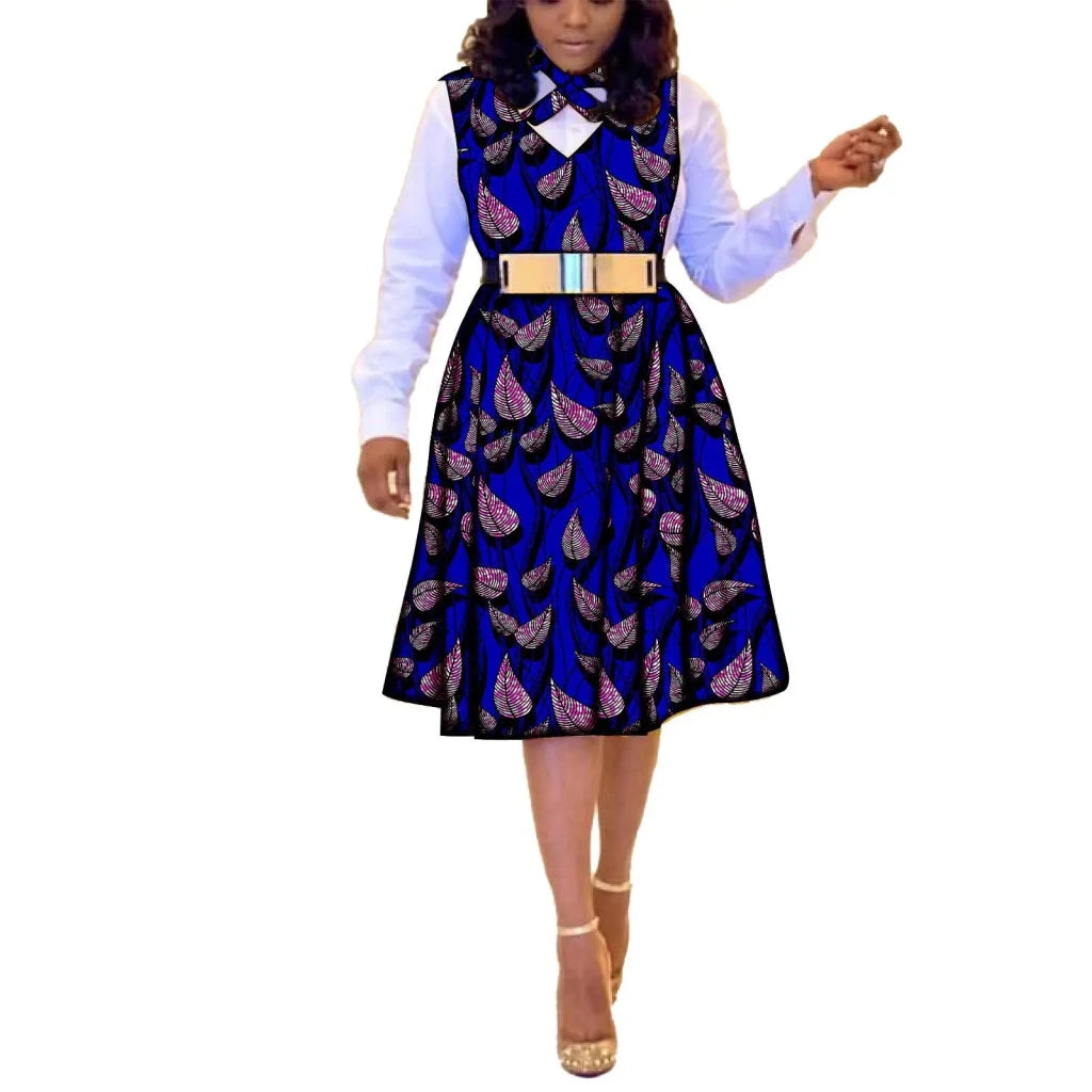 African Dresses for Women Match Print Bow Tie V - Neck Sleeve African Clothes Ankara Print Outfits Plus Size Bazin Riche S2025041 - Free Delivery Worldwide only at Flexi Africa