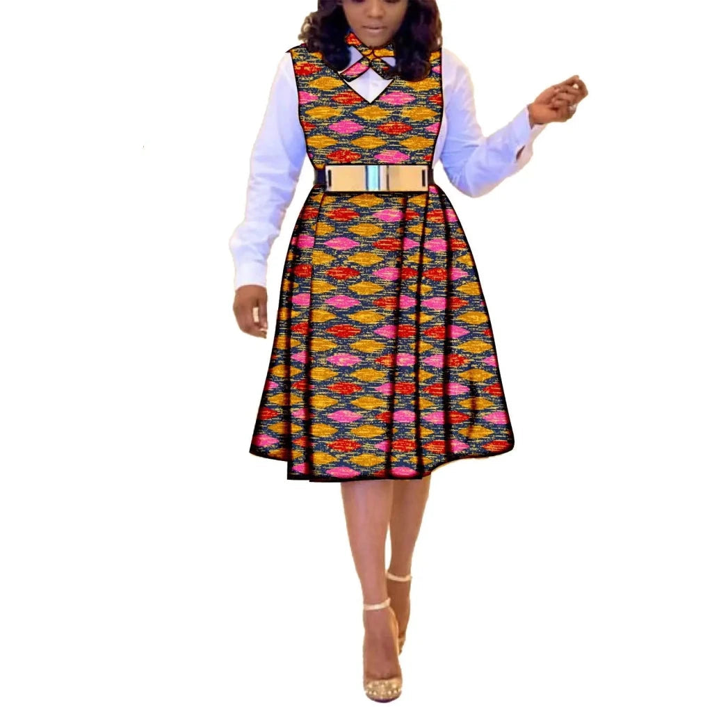 African Dresses for Women Match Print Bow Tie V - Neck Sleeve African Clothes Ankara Print Outfits Plus Size Bazin Riche S2025041 - Free Delivery Worldwide only at Flexi Africa