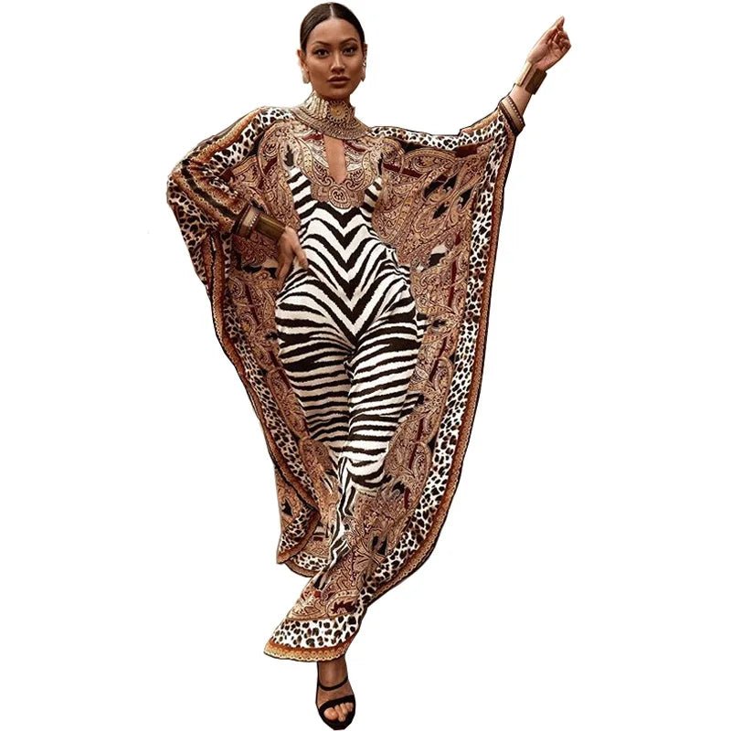 African Dresses for Women Plus Size Zebra Printed Dashiki Elegant Ladies Gown Abaya Kaftan Bat Sleeve V - neck Robes - Free Delivery Worldwide only at Flexi Africa