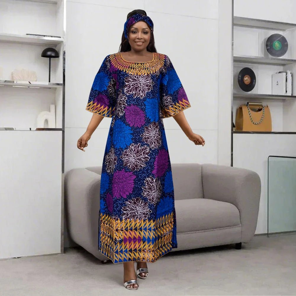 African Embroidered Bazin Dress for Women – Floral Boho Ankara Long Robes - Free Delivery Worldwide only at Flexi Africa