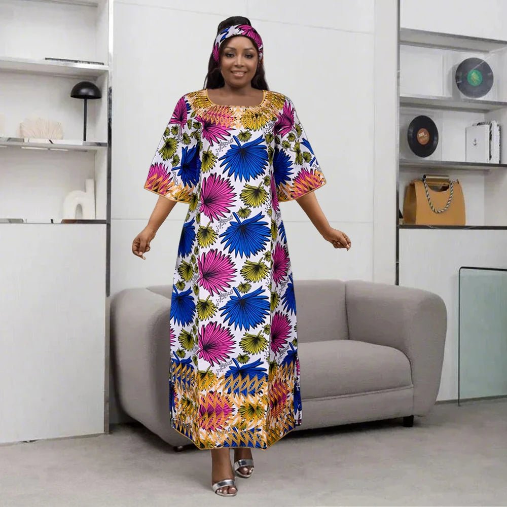 African Embroidered Bazin Dress for Women – Floral Boho Ankara Long Robes - Free Delivery Worldwide only at Flexi Africa