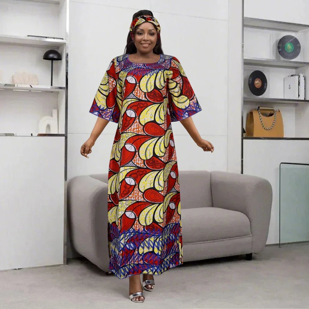 African Embroidered Bazin Dress for Women – Floral Boho Ankara Long Robes - Free Delivery Worldwide only at Flexi Africa