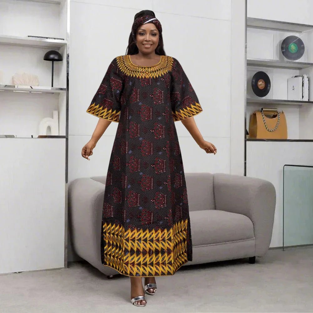 African Embroidered Bazin Dress for Women – Floral Boho Ankara Long Robes - Free Delivery Worldwide only at Flexi Africa