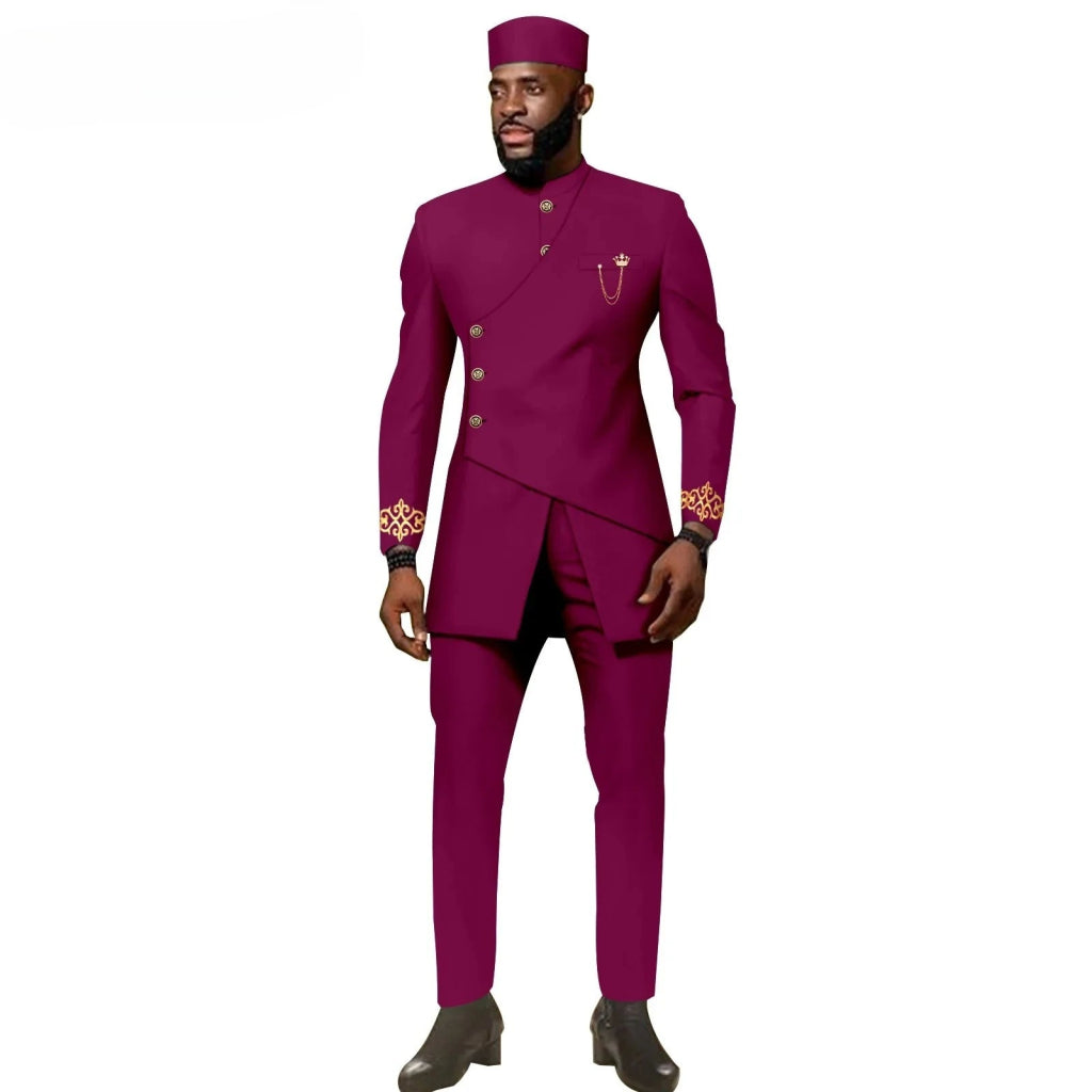 African Ethnic New Men's Casual Suit - Refined and Fitted Style - Party Dress - Fashionable Men's Clothing (Top + Pants + Hat) - Free Delivery Worldwide only at Flexi Africa