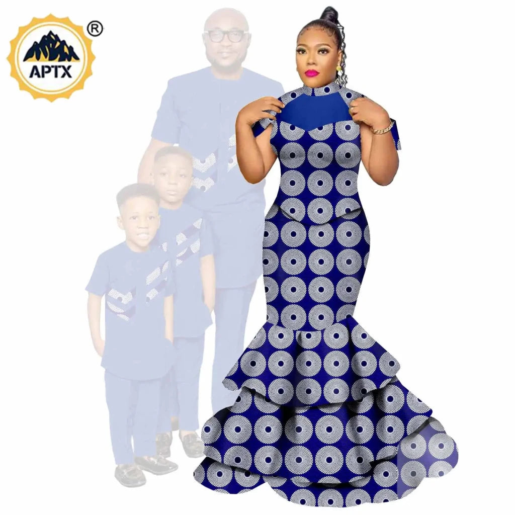African Family Matching Outfits – Dashiki Women’s Long Mermaid Dress with Men & Boys Shirt and Pant Sets, - Free Delivery Worldwide only at Flexi Africa