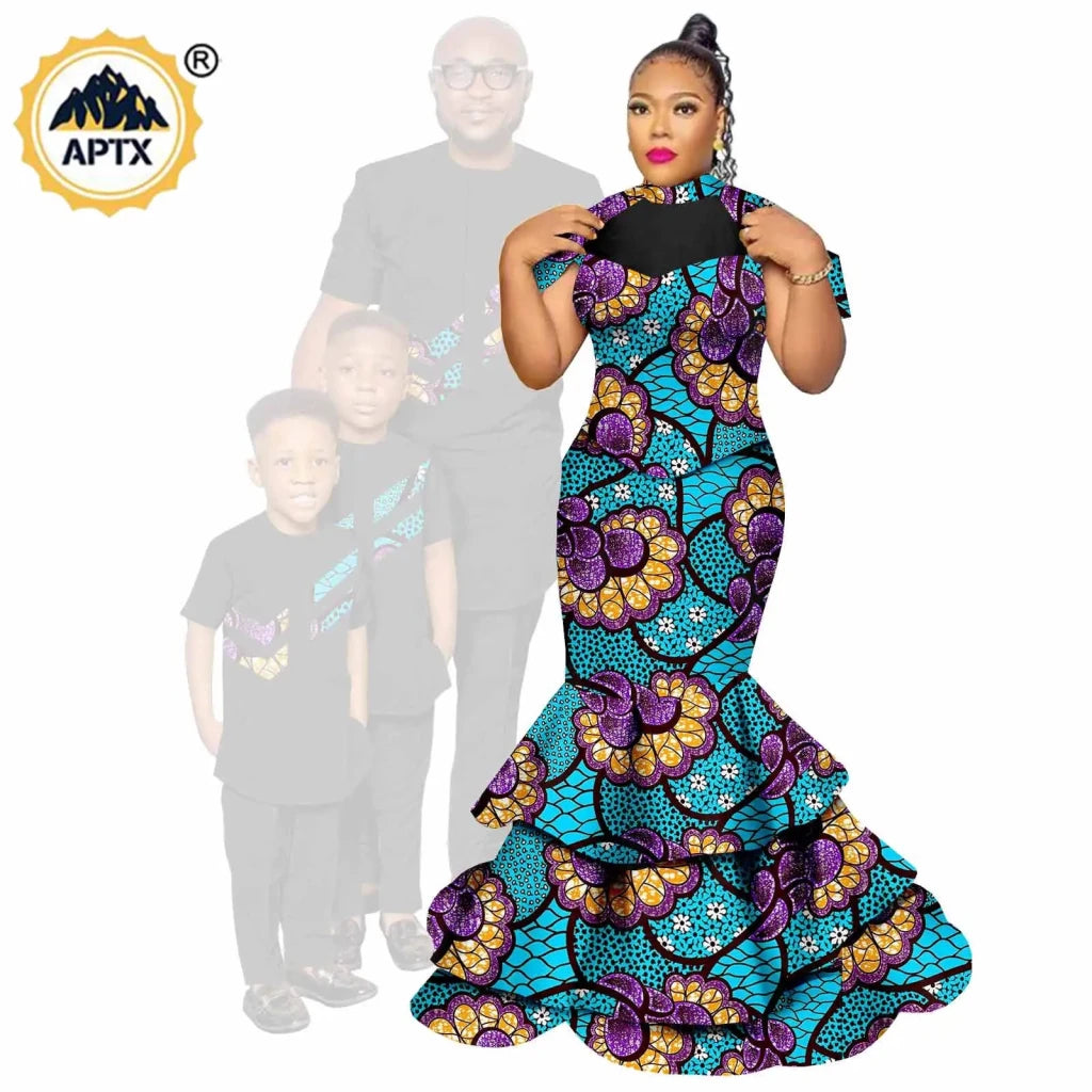 African Family Matching Outfits – Dashiki Women’s Long Mermaid Dress with Men & Boys Shirt and Pant Sets, - Free Delivery Worldwide only at Flexi Africa
