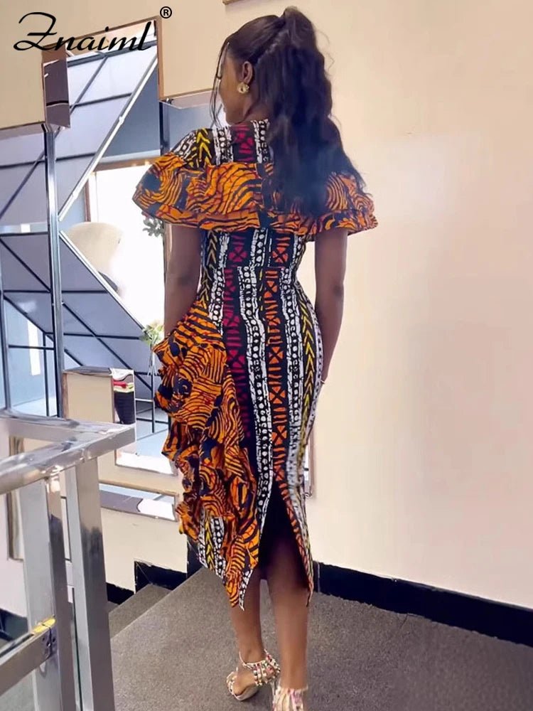 African Festival Print Midi Dress – Elegant Short Sleeve Ruffle Bodycon Summer Outfit - Free Delivery Worldwide only at Flexi Africa