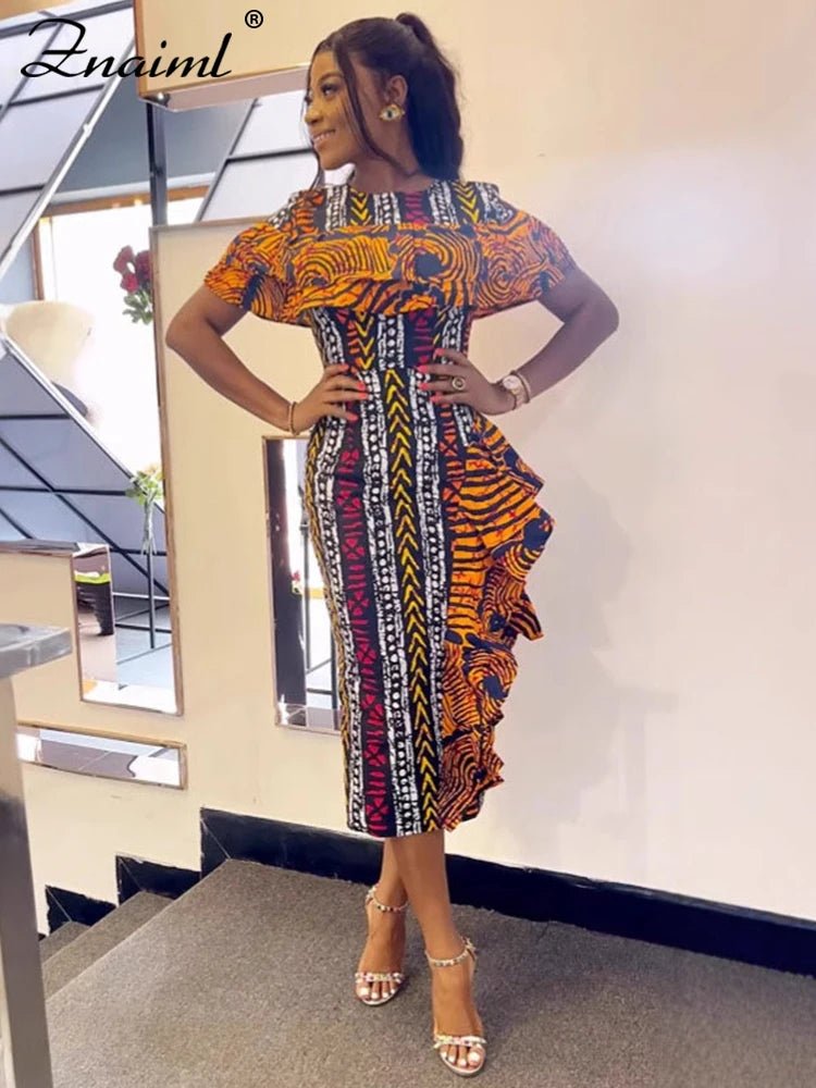 African Festival Print Midi Dress – Elegant Short Sleeve Ruffle Bodycon Summer Outfit - Free Delivery Worldwide only at Flexi Africa