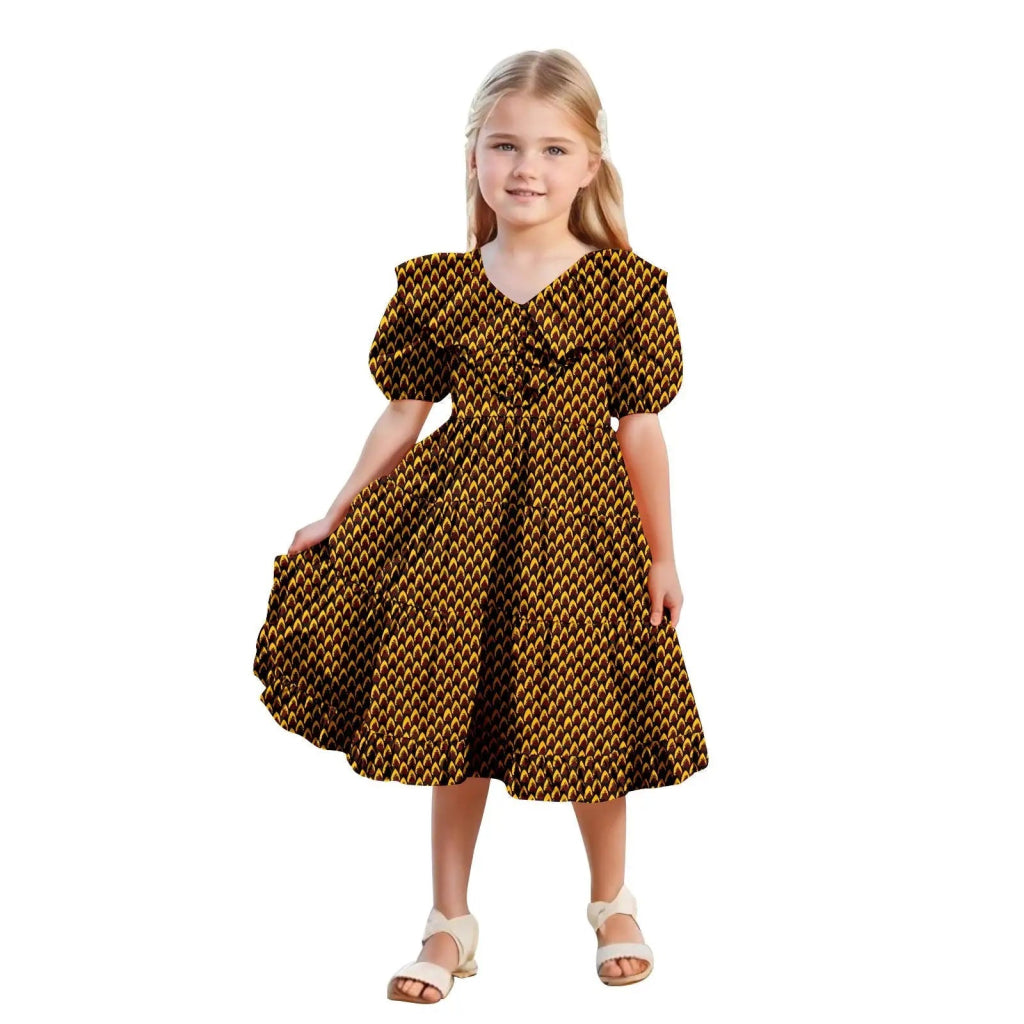 African Girls’ Ankara Print Dress with Double Ruffle Collar – Bazin Riche Children’s Party Dress - Free Delivery Worldwide only at Flexi Africa