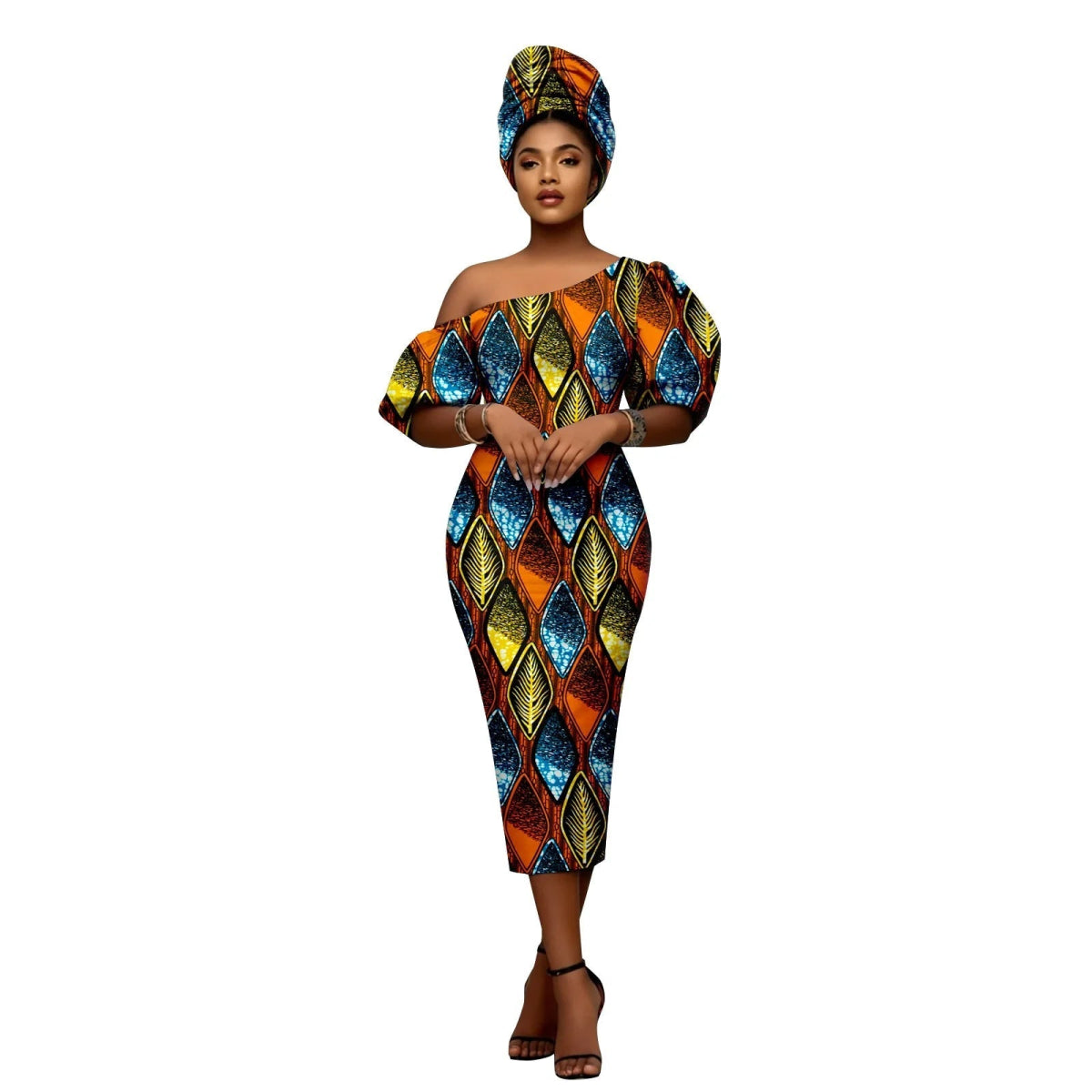 African Heritage Dress – Slim Fit Dashiki Gown with Puff Sleeves and Headwrap - Free Delivery Worldwide only at Flexi Africa