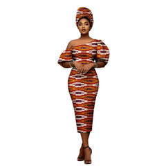 African Heritage Dress – Slim Fit Dashiki Gown with Puff Sleeves and Headwrap - Free Delivery Worldwide only at Flexi Africa