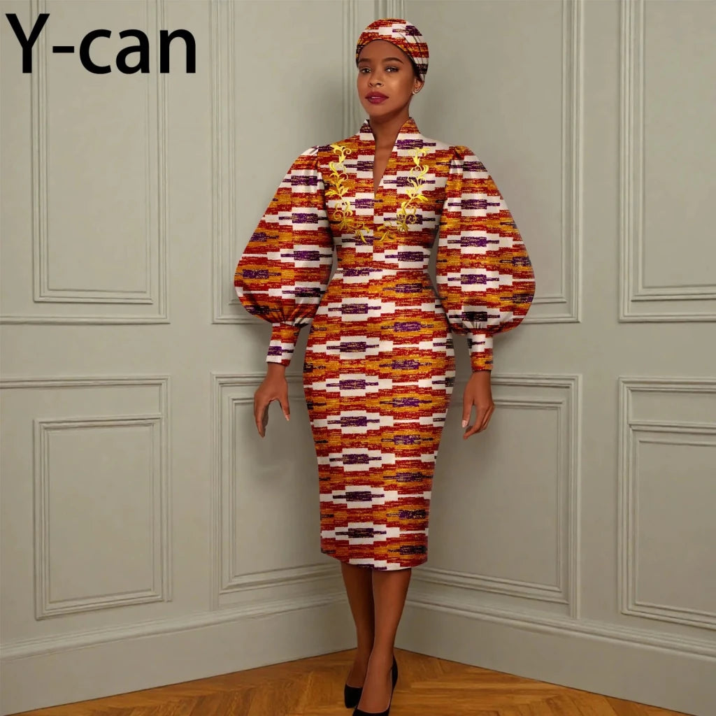 African Long Party Dress for Women – Puff Sleeve V - Neck Slim Dress Free Delivery Worldwide only at Flexi Africa
