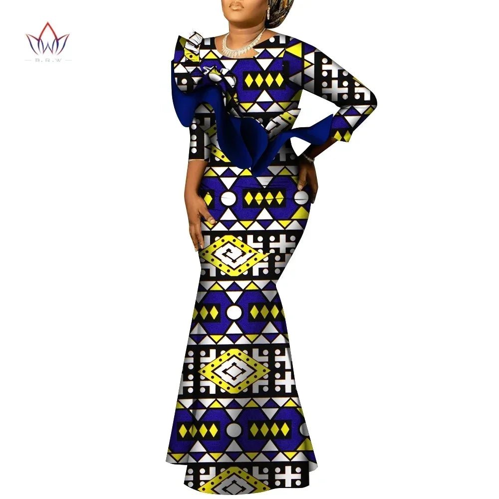 African Maxi Dress – Bazin Riche Cotton Wax Print, Nine - Point Sleeve Long Gown - Free Delivery Worldwide only at Flexi Africa