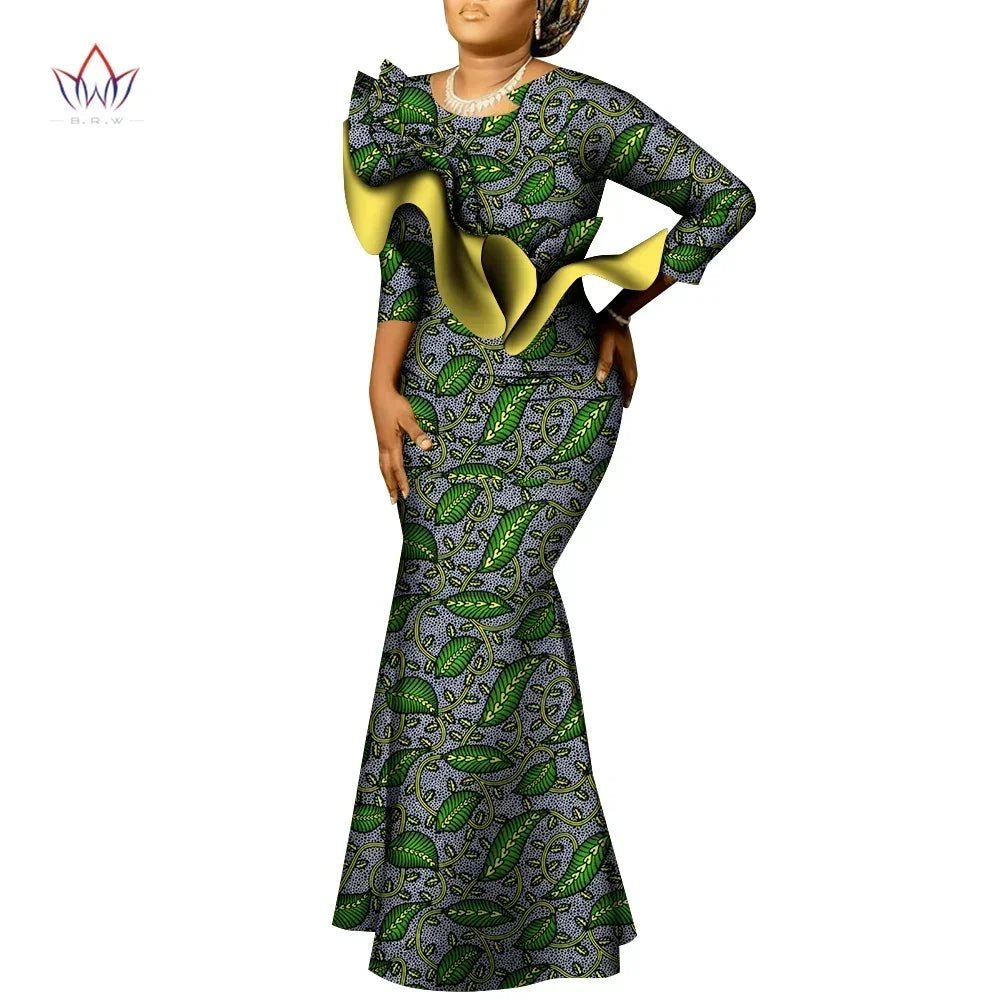 African Maxi Dress – Bazin Riche Cotton Wax Print, Nine - Point Sleeve Long Gown - Free Delivery Worldwide only at Flexi Africa
