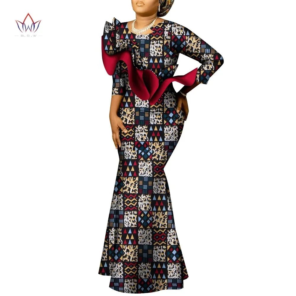 African Maxi Dress – Bazin Riche Cotton Wax Print, Nine - Point Sleeve Long Gown - Free Delivery Worldwide only at Flexi Africa