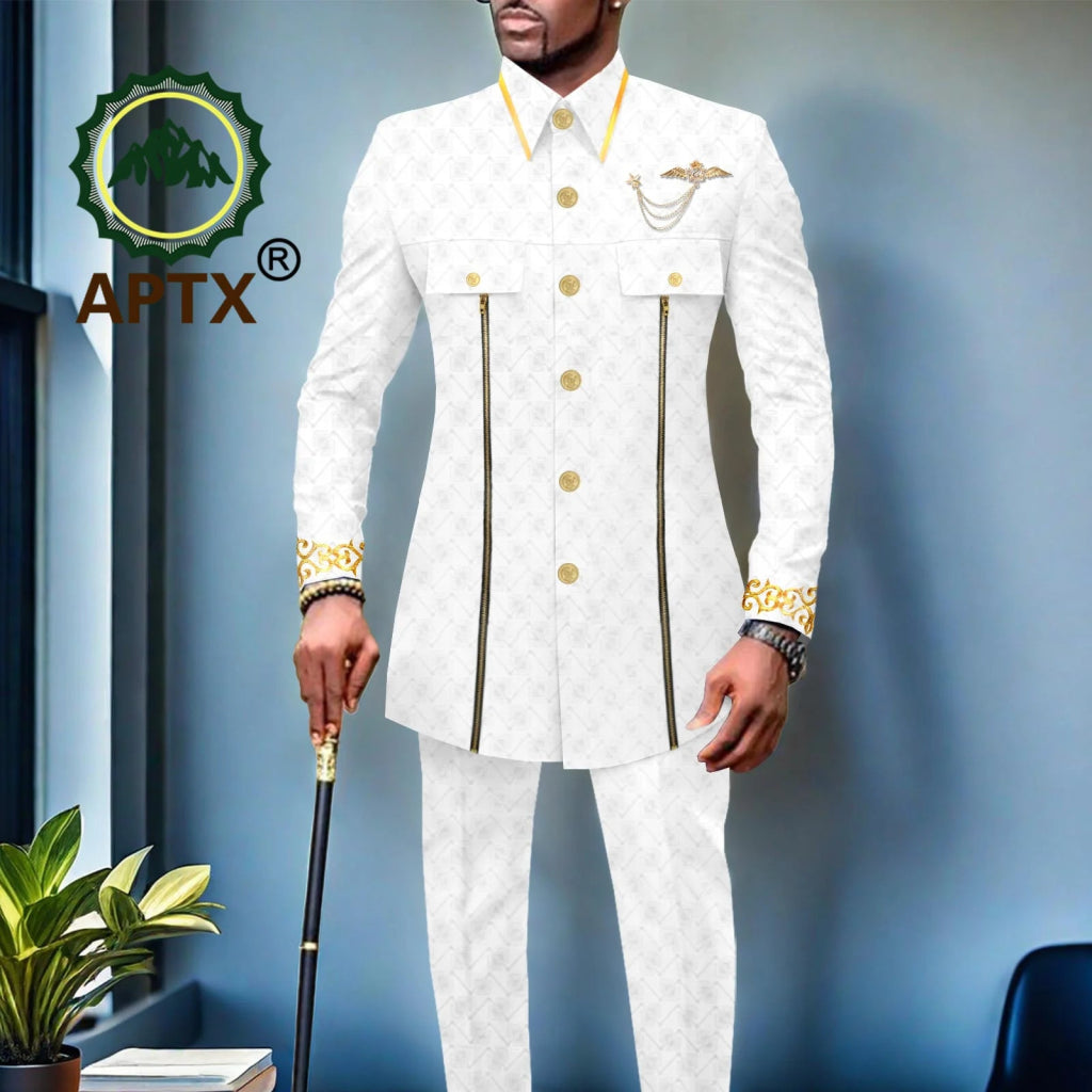 African Men’s Bazin Riche Suit – Gold Embroidered Coat and Pants Set for Weddings and Formal Occasions - Free Delivery Worldwide only at Flexi Africa