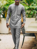 African Men’s Dashiki Outfit Set – Embroidered Round Neck Shirt & Elastic Waist Trousers (2PCS) - Free Delivery Worldwide only at Flexi Africa
