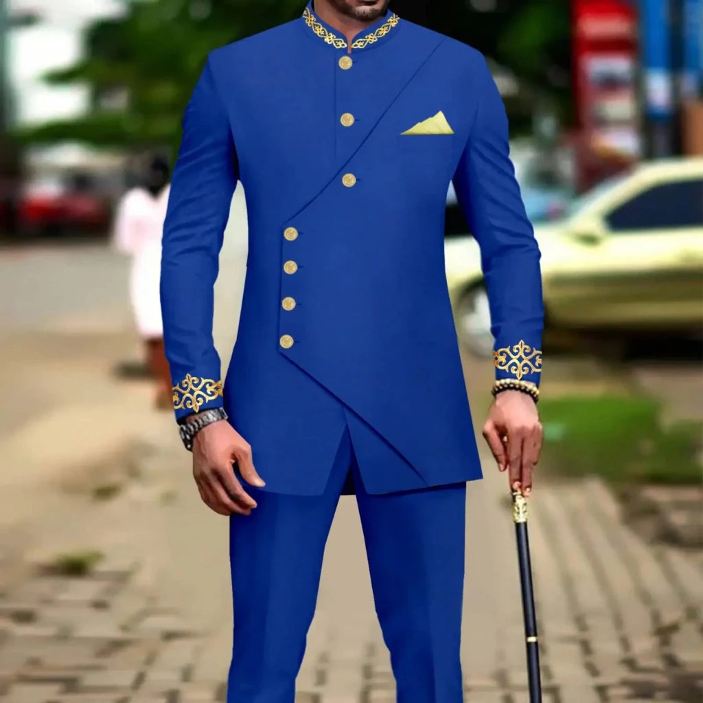 African Men’s Slim - Fit Suit Set – Double - Breasted Embroidered Blazer & Matching Trousers, Full - Sleeve Formal Business Attire - Free Delivery Worldwide only at Flexi Africa