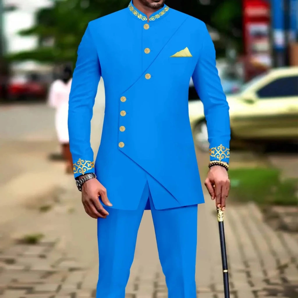 African Men’s Slim - Fit Suit Set – Double - Breasted Embroidered Blazer & Matching Trousers, Full - Sleeve Formal Business Attire - Free Delivery Worldwide only at Flexi Africa