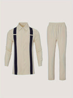 African Men’s Stripe Pattern Outfit Set – Long Sleeve Cultural Robe & Matching Drawstring Pants - Free Delivery Worldwide only at Flexi Africa